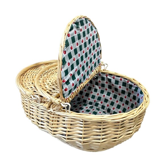 Large Wicker Picnic Basket Double Lids Handles Green Check Apple Lined Cottage